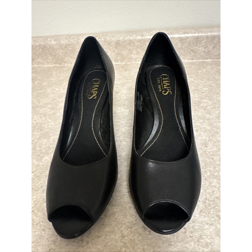 Chaps Black Leather Open Toe Heels Size 7.5‎ B Classic Dress Shoes